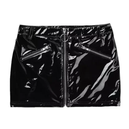 Zippered Front Shiny Mini Skirt - Image 4