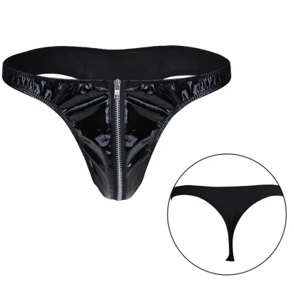 Glossy Zip Crotch Black Thong - Image 7