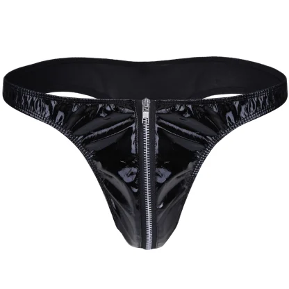 Glossy Zip Crotch Black Thong