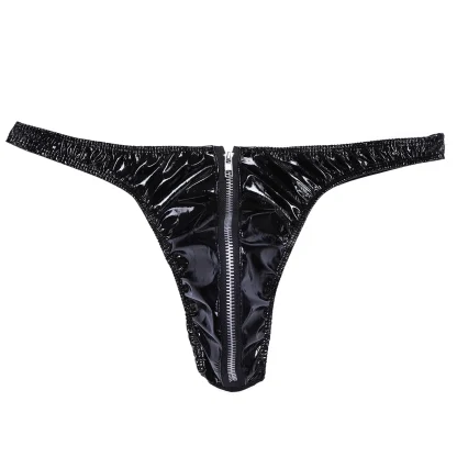 Glossy Zip Crotch Black Thong - Image 4