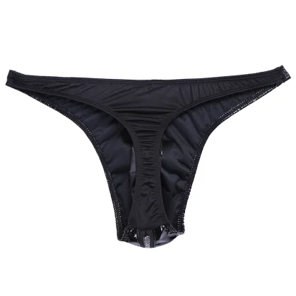 Glossy Zip Crotch Black Thong - Image 3