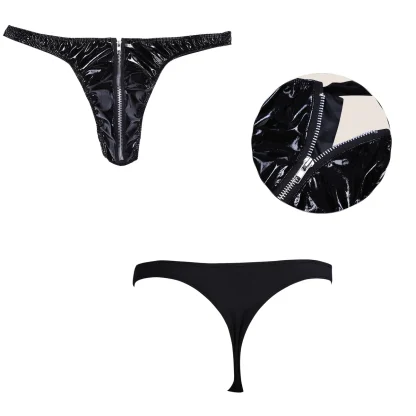 Glossy Zip Crotch Black Thong - Image 6